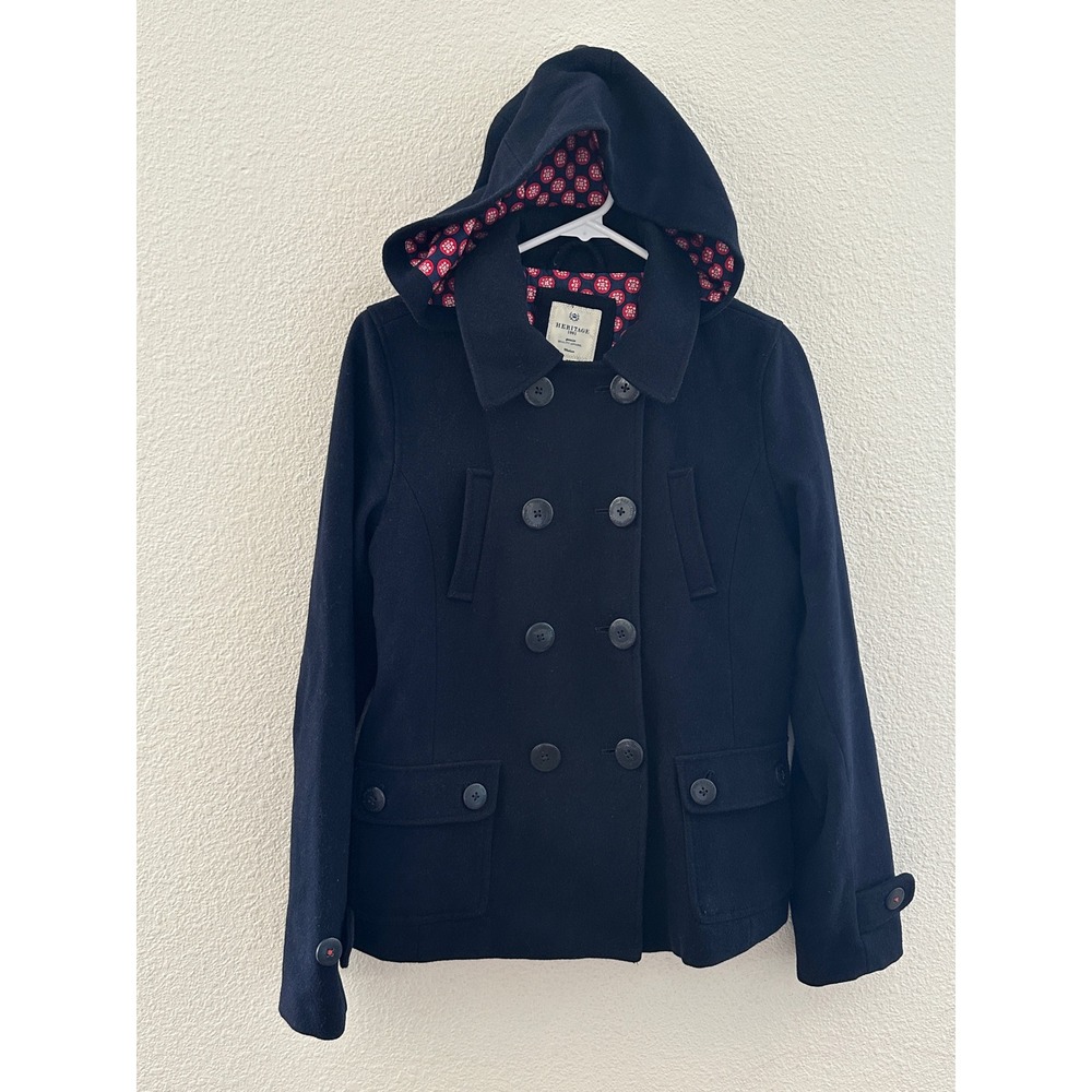 Heritage 1981 Navy Blue Wool Blend Hooded Jacket Peacoat Y2K Preppy Coastal M